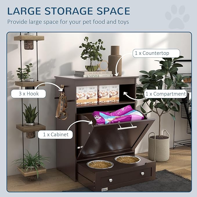 PawHut Dog Feeding Station with Raised Bowls & Storage Cabinet, Pet Feeder Cabinet Container with Hanger for Feeding & Watering Supplies, Dog Food Organizer, Brown