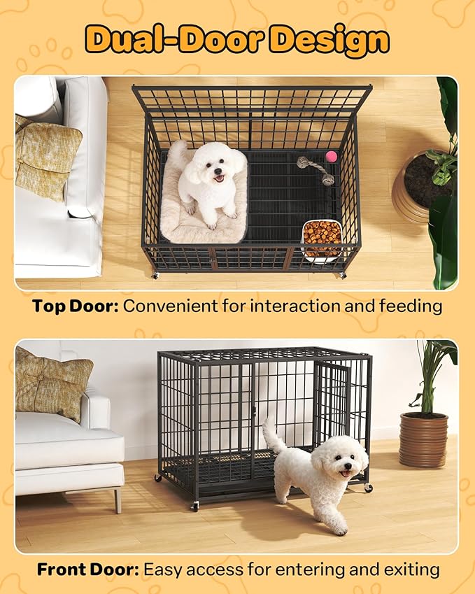 HIWOKK 38 Inch Dog Crates for Meidum Small Dogs,Metal Wire Cages Dog Kennels Pet Cage with Double-Door,Removable Tray,for Small Medium Dogs