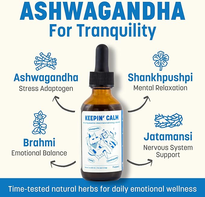 Keepin' Calm Ashwagandha Drops for Dogs & Cats - Calming Aid for Fireworks, Storms, Travel & Separation - Herbal Stress Relief, Non-Drowsy, 60ml