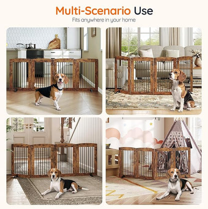 HOOBRO Indoor Dog Gate with Support Feet, 31.5 Inch 4 Panels, Freestanding Pet Gate for Doorway, Stairs, Folding Dog Fence, 360° Hinge for Easy Access, Sturdy Iron Pipe, Rustic Brown BF64PP03