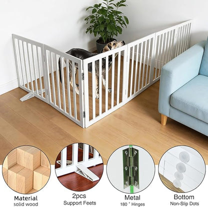 Foldable Indoor Dog Gate for The House Freestanding Stairs Nature Wooden White Pet Gate for Doorway Puppy Gate for Dogs Expandable Dog Fence for Stairs or Hallways 24"" Height 6 Panels