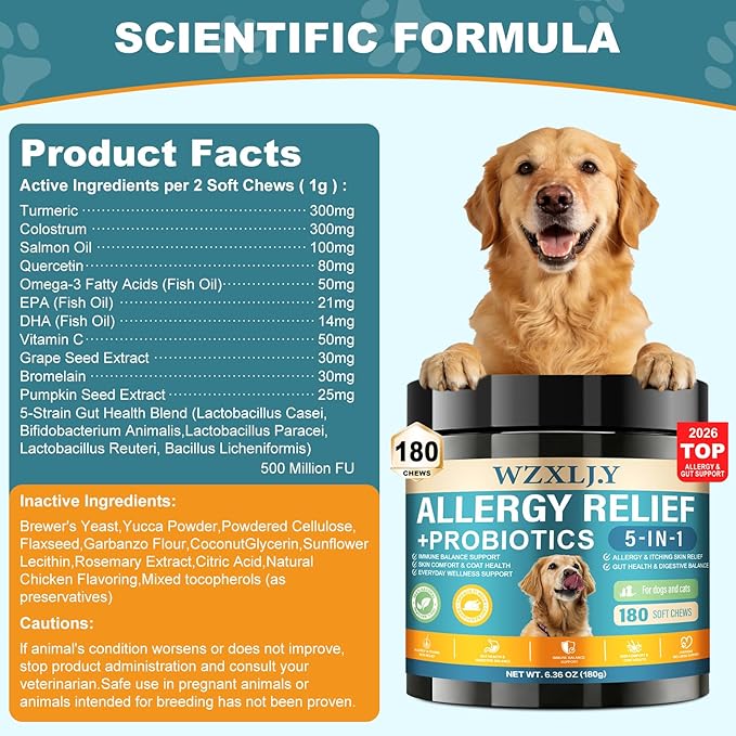 Dog Allergy Chews, Allergy Immune Bites for Dogs, Itching Skin Relief, Itchy Ears, Anti Itch, Paw Licking Treatment, Seasonal Allergies, Dog Probiotics for Digestive Health & Gut Health, 180 Chews