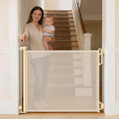 SPACEANY Retractable Safety Baby Gate or Mesh Dog Gate,Durable Portable Mesh Retractable Gate,Easy to Use for Stairs, Doorways, Hallways, Indoor, Outdoor, 33.5" Tall, Up to 45" Wide, Cream