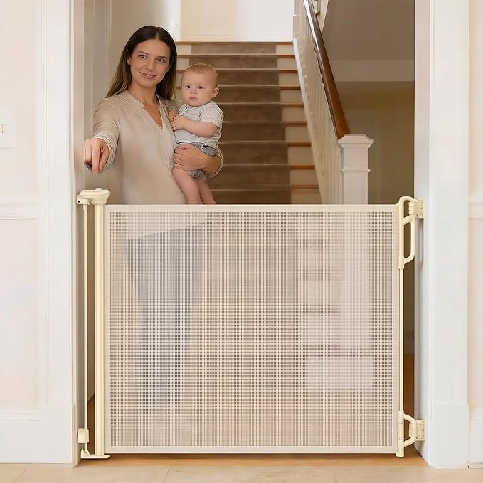 SPACEANY Retractable Safety Baby Gate or Mesh Dog Gate,Durable Portable Mesh Retractable Gate,Easy to Use for Stairs, Doorways, Hallways, Indoor, Outdoor, 33.5" Tall, Up to 55" Wide, Cream