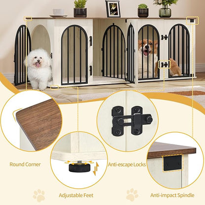 Hzuaneri 63" Dog Crate Furniture for 2 Dogs, Heavy Duty Indoor Dog Kennel TV Stand, L Wooden Dog Cage with Divider for Medium Large Dogs, End Table Dog Crate with Cushion, White Brown DFC80914BV1