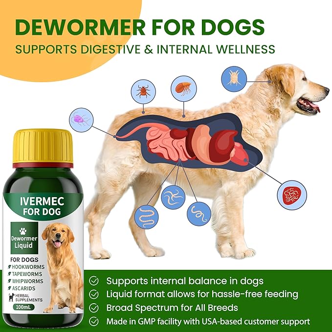 lvermect Dewormer Liquid for Dogs, Broad Spectrum for All Wormer, Digestive Cleanser Treatment, Hookworms, Lung Worms, Pin Worms, Round Worms