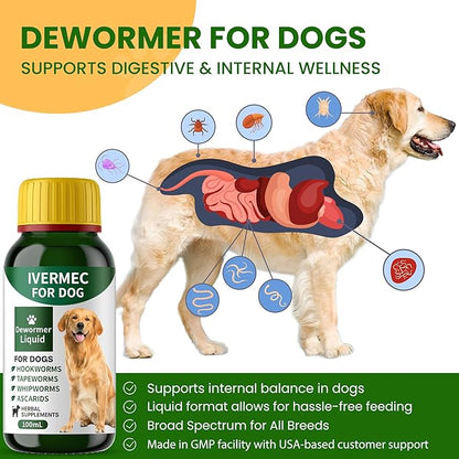 lvermect Dewormer Liquid for Dogs, Broad Spectrum for All Wormer, Digestive Cleanser Treatment, Hookworms, Lung Worms, Pin Worms, Round Worms
