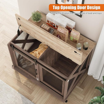 TROPOW Dog Crate Furniture,37 Inch Dog Kennel Furniture, Sliding Barn Door, Flip Top Dog Crate End Table with Removable Divider, Farmhouse Dog Cage for Small to Middle Size Dogs