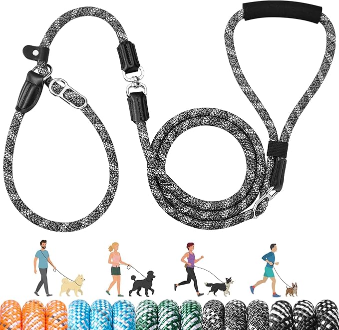 SlowTon Slip Lead for Dogs - Hands Free No Tangle Adjustable 5-7 FT 1/2” Rope, Heavy Duty Nylon Leash for Large Medium Dogs that Pull, No Pull Training Slip Leashes, 20-120lb, Dark Grey
