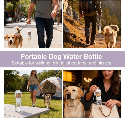 Dog Water Bottle, Portable Water Bottle with Food Container for Dogs Cat Pet Hiking Walking Travel Camping, Leak-Proof Dog Water Bowl Dispenser with Feeder Function Puppy Essentials (11.5oz White)