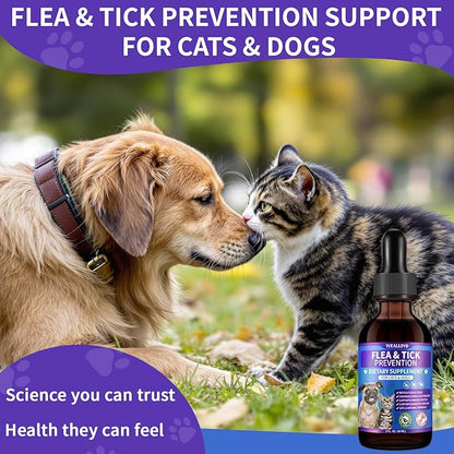 WEALLIN Flea and Tick Prevention Support for Cats and Dogs Natural Flea Treatment Drops with Multivitamin for Pets Oral Natural Supplement Flea and Tick Treatment Drops for All Breeds and Ages