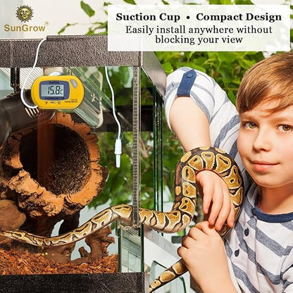 SunGrow Reptile Digital Thermometer Terrarium Temperature Monitor with Suction Cup Mount, Accurate Fahrenheit Celsius Switch, Thermostat Gauge for Bearded Dragon, Snake, Gecko Enclosure Tank