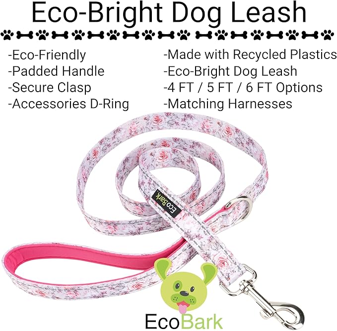 EcoBark Dog Leash - Soft & Reflective Comfort Leash with Padded Handle - Strong Durable Heavy Duty - Training and Pulling for Small, Medium or Large Dogs (Floral)
