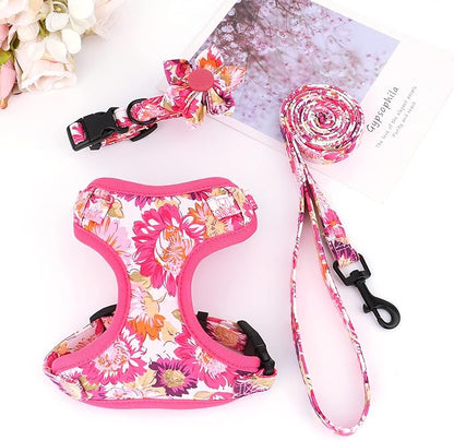 Beirui Cute Girl Dog Collars, Harnesses & Leashes Set - Adjustable Dog Collar and Leash Set with Flower - Soft Mesh Dog Vest Harness for Puppies Small & Extra Small Dogs Cats (Pink-2,XXS)