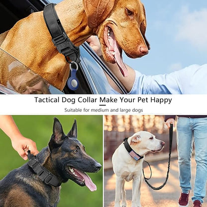 DAGANXI Tactical Dog Collar Leash Set, Adjustable Military Training Nylon Dog Collar with Controll Handle and Heavy Metal Buckle for Medium and Large Dogs，with Patches and Airtags Case (M, Black-Set)