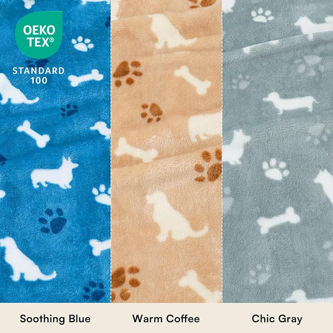 Luciphia 1 Pack 3 Dog Printed Fleece Pet Blankets Washable，Soft Warm Throw Covers for Crate Couch Bed，Cozy Puppy Essentials for Dogs and Cats， Blue/Grey/Khaki, Medium (30x20)
