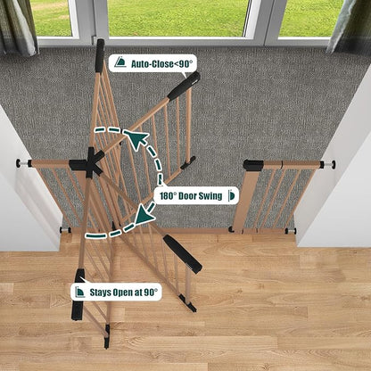 keny 29.7"-46" Baby Gate for Stairs, Auto Close Dog Gates for Doorways, Pressured Mounted No Drilling Pet Gate Extra Wide, Easy Walk Thru Stair Gate, 30" Tall, Brown