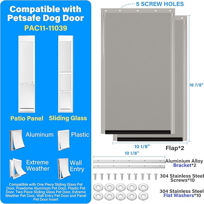 2 Pack Large Dog Door Replacement Flaps with Metal Bracket, Screws and Washers, Compatible with Petsafe Freedom Doggie Doors, PAC11-11039 10 1/8" X 16 7/8" -with Screws(Smoky Translucent)