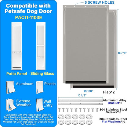 2 Pack Large Dog Door Replacement Flaps with Metal Bracket, Screws and Washers, Compatible with Petsafe Freedom Doggie Doors, PAC11-11039 10 1/8" X 16 7/8" -with Screws(Smoky Translucent)