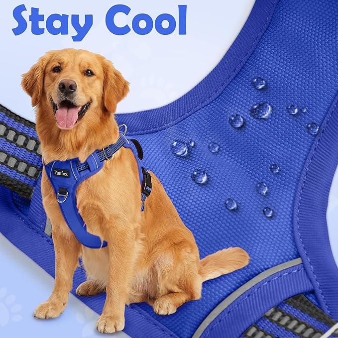 Funfox Dog Harness Medium No Pull, Adjustable 2 Clips Anti-Pull Vest with Practical Handle, Breathable Padded Pet Harness Designed for Small/Large Breeds, Reflective Training Walking Blue M