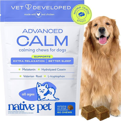 Native Pet Advanced Calming Chews for Dogs Medium Breed - Anxiety Relief, Stress, Separation & Sleep Support with Melatonin for Dogs, Hydrolyzed Casein, Valerian Root & L-Tryptophan - 30 Days Supply