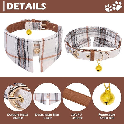 EXPAWLORER Puppy Collar and Leash - Embroidery Pawprints Plaid Small Dog Collars and Leash Set, Cute Bandana and Detachable Collar, Suitable for Small Dogs Cats Girl Boy, Cream S