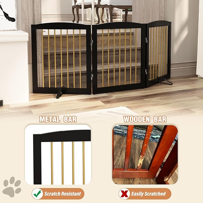 PUPETPO Freestanding Pet Gate for Dogs, Foldable Wooden Dog Gate for House, Indoor Dog Gate for Doorways, Stairs, Step Over Pet Puppy Safety Fence, Support Feet Included,24" Height 3 Panels,Black&Gold