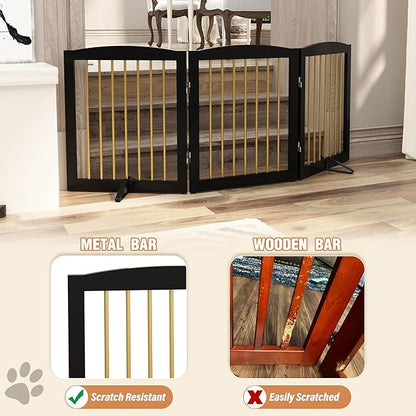 PUPETPO Freestanding Pet Gate for Dogs, Foldable Wooden Dog Gate for House, Indoor Dog Gate for Doorways, Stairs, Step Over Pet Puppy Safety Fence, Support Feet Included,24" Height 3 Panels,Black&Gold