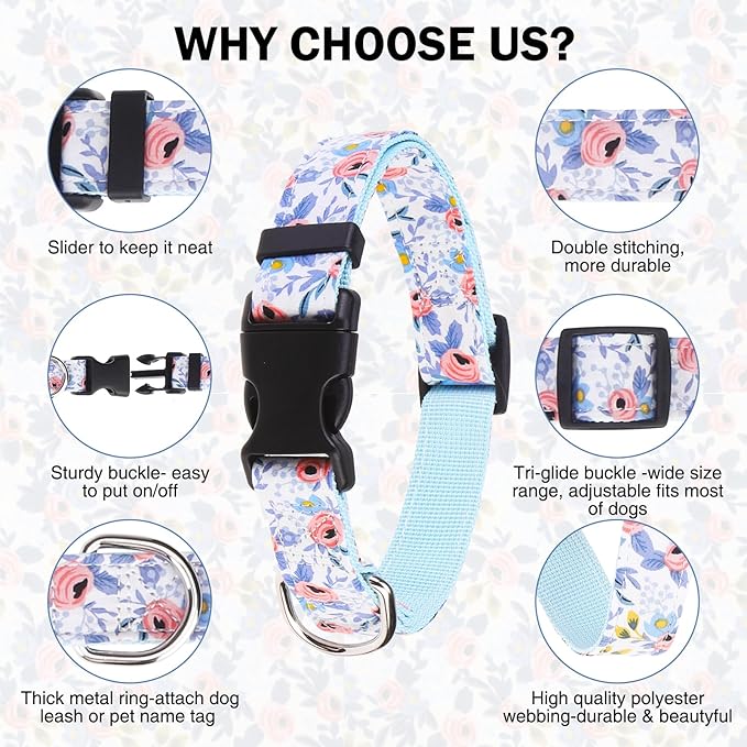 Dog Collar and Leash Set for Small Dogs, Adjustable Soft Puppy Collar with Quick Release Buckle, 5FT Heavy Duty Nylon Matching Leash for Boy Girl Chihuahua, Yorki, Bulldog, Blue S