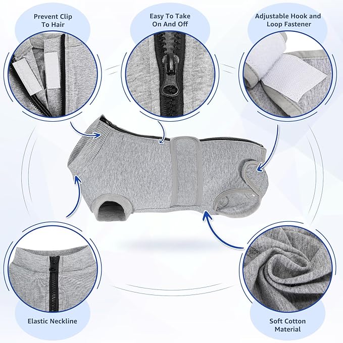 Lukovee Recovery Suit for Dogs, Zipper On Recovery Suit for Female Male Dog, Onesie Abdominal Wounds Cone E-Collar Alternative Prevent Licking Spay Recovery Suit (XS, GY)