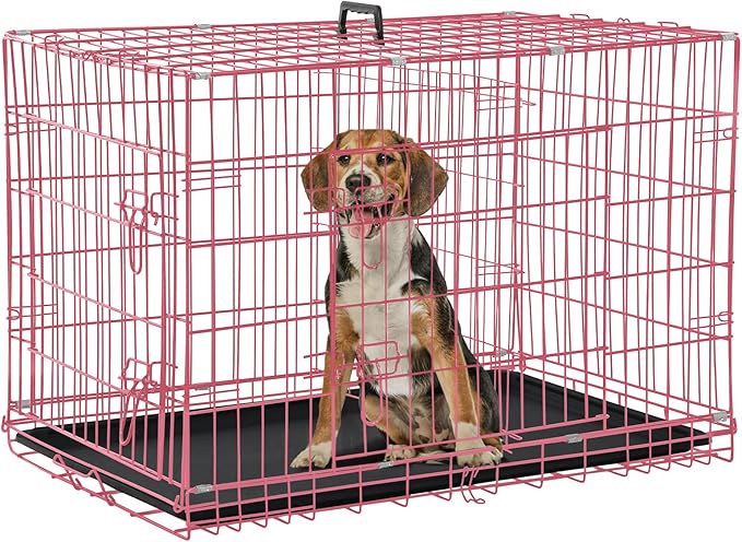 Dog Crate, Folding Portable Outdoor Large Two Door Metal Cat Dog Cage with ABS Tray LC Panel Floor Protecting Feet Wire Animal Pet Dog Kennel with Divider