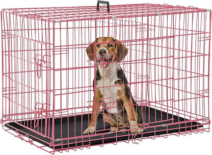 Dog Crate, Folding Portable Outdoor Large Two Door Metal Cat Dog Cage with ABS Tray LC Panel Floor Protecting Feet Wire Animal Pet Dog Kennel with Divider