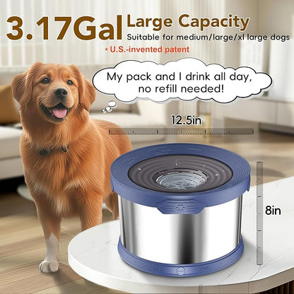 UPSKY Dog Water Bowl No Spill 12L Stainless Steel, 3.17 Gallon Large Capacity Spill-Proof Dog Bowls, Non-Slip Slow Drinking Anti-Splash Bowl for Large Messy Drinkers, No Mess Indoor/Outdoor Use, Blue