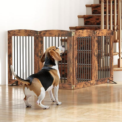 HOOBRO Indoor Dog Gate with Support Feet, 31.5 Inch 4 Panels, Freestanding Pet Gate for Doorway, Stairs, Folding Dog Fence, 360° Hinge for Easy Access, Sturdy Iron Pipe, Rustic Brown BF64PP03