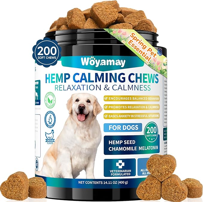 Woyamay Hemp Calming Chews for Dogs, 200 Treats Dog Calming Chews for Anxiety & Stress Relief, Anxiety Relief Treats for Dogs with Hemp Oil, Melatonin Dog Calm Treats for Stress|Sleep|Separation