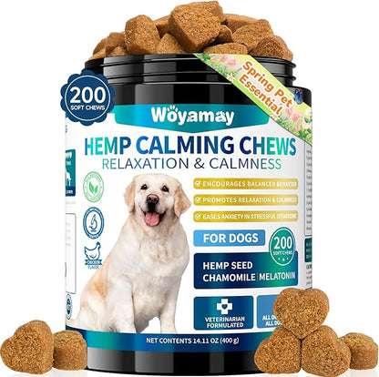 Woyamay Hemp Calming Chews for Dogs, 200 Treats Dog Calming Chews for Anxiety & Stress Relief, Anxiety Relief Treats for Dogs with Hemp Oil, Melatonin Dog Calm Treats for Stress|Sleep|Separation