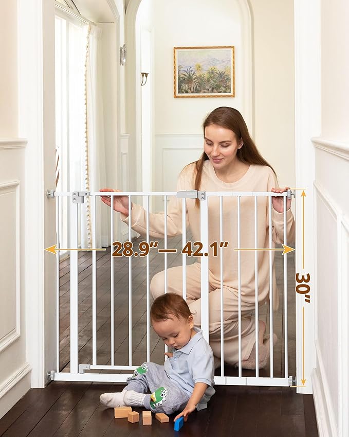 InnoTruth 28.9-42.1" Wide Baby Gate for Stairs & Doorways, 30" Tall Pressure Mounted Dog Gates for Stairs Expandable One-Hand Open, Easy Step Walk Through Dual Lock Metal Pet Gates for Dogs, White