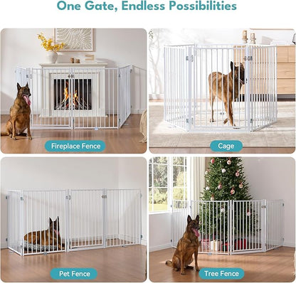 No Pawblems Free Standing Dog Gate with Door, 36'' Tall Foldable Dog Fence for Indoor & Outdoor, Up to 78 Inch Extra Wide Puppy Gate for Stairs, Hallways, Doorways, Deck, Yard (White, 3 Panels)