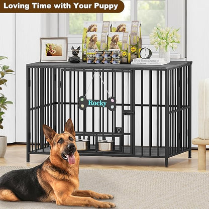 Easycom 43" Dog Crate Furniture Foldable, No Assembly Decorative Dog Kennel Indoor, XL Dog Crates for Large Dogs (60-80 lbs), Wooden Dog Cage with Adjustable Bowls and Name Tag, Dark Grey
