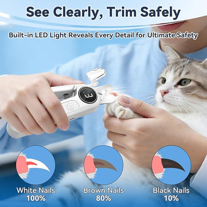 2-in-1 Dog Nail Clippers & Grinder with Light, Quiet Electric Pet Nail Trimmer for Large Medium Small Dogs & Cats, 3 Speeds, Rechargeable, Splash Guard & Safety Lock, Painless Grooming Tool (White)
