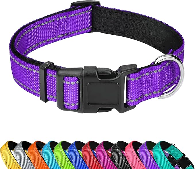 Reflective Dog Collar, Adjustable Soft Neoprene Padded Nylon Pet Collars with Buckle for Extra Large Dogs, Purple,XL