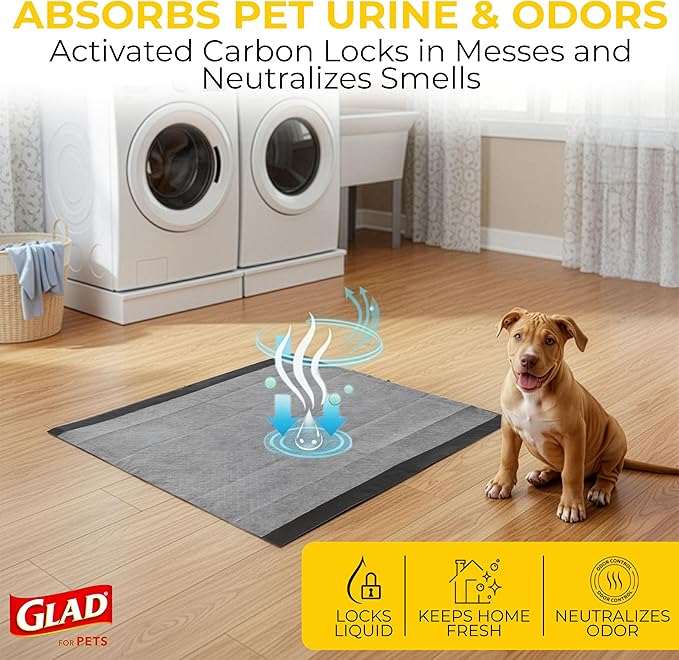 Glad for Pets Black Charcoal Puppy Pads - Super Absorbent Disposable Dog Pee Pads, Potty Training Pads, and Pet Supplies - Dog Pee Pads for Crate Training and Indoor Use 23" x 23" - 100 Count