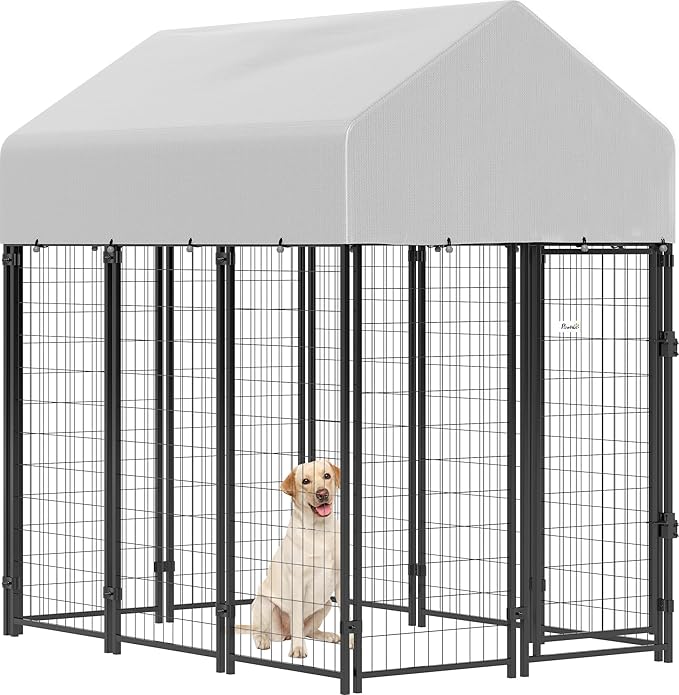 PawHut Outdoor Dog Kennel with Roof, 6' x 4' x 6' Heavy Duty Welded Wire Dog Playpen Enclosure with Escape-Proof Lock, UV-Resistant & Waterproof Cover, for Large Dogs, Chickens, Ducks, Silver