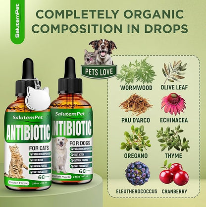 Set of Liquid Dog Antibiotics and Cat Antibiotic + Pendant – Daily Help with UTI, Cough, Runny Nose, Allergies, Wheezing – Versatile Care for Breathing System with Chicken Flavor – 2 oz x 2