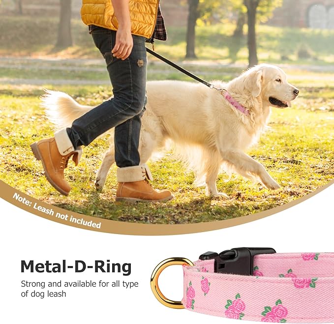 Cotton Handmade Dog Collar Cute and Distinctive Patterns Pink Rose with Pendant for Girl Boy Dogs Collars L