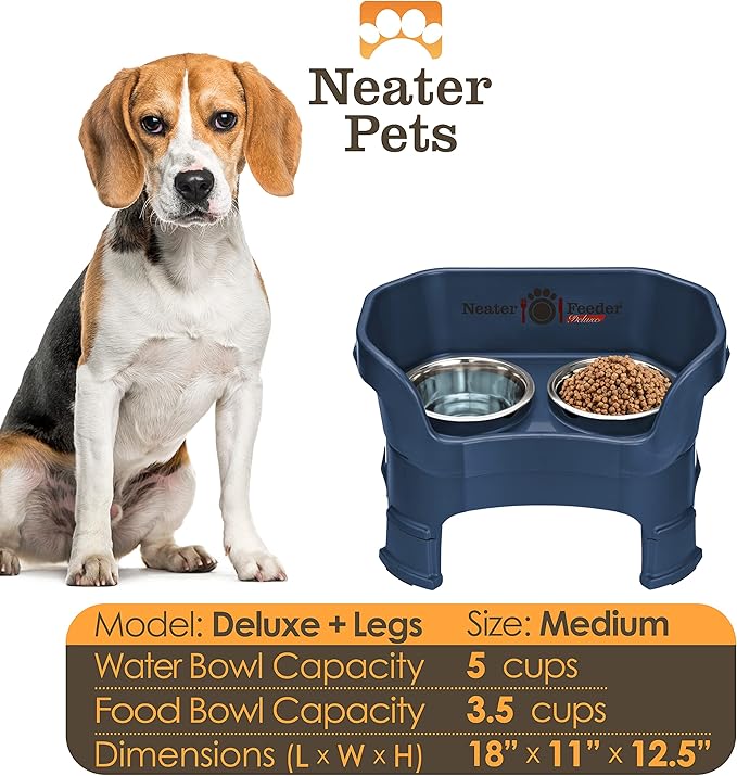 Neater Feeder Deluxe Mess-Proof Elevated Dog Bowls for Medium Dogs (19–40 lbs), 2 Height Adjustable (10” & 12.5”) No-Spill Raised Dog Bowl Stand, Stainless Steel Food Bowl Set, Made in USA, Dark Blue
