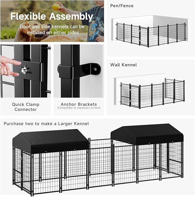 Dog Kennel Outdoor, Outside Dog Kennel with Roof & Removable Doggy Door Allow Connecting Your Dog House, Square Pet Enclosure Dog Run Yard for Medium/Small Dogs(4'L x 4'W x 4.6'H)