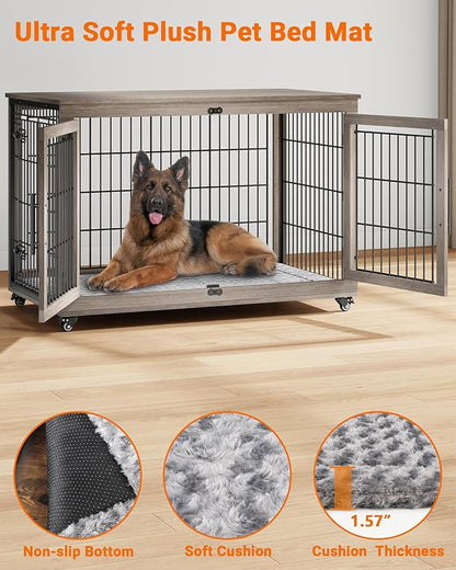 YaFiti Dog Crate Furniture with Cushion Set of 2, Wooden Dog Kennel Indoor with Double Doors, Dog Cage with Wheels, Dog House Side End Table for Large Dogs up to 85 lb, 44" L, Grey