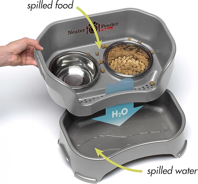 Neater Feeder Deluxe Mess-Proof Elevated Cat Bowls, 2 Height Adjustable (6” & 7.5”) No-Spill Raised Cat Bowl Stand, Whisker Friendly Stainless Steel Dishes for Indoor Cats, Made in USA, Grey