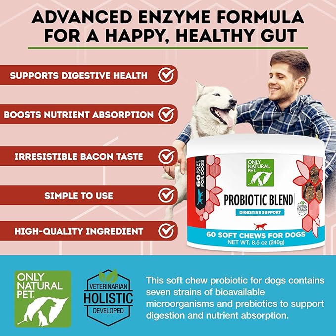 Only Natural Pet Probiotic Dog and Cat Supplement - Digestive & Gut Health Enzyme Formula, Puppy & Canine Digestive Chews, Best for Stomach Relief & Gas Aid - Soft Chews, 60 Count.